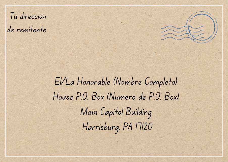 A sample envelope addressed to a state rep in Spanish