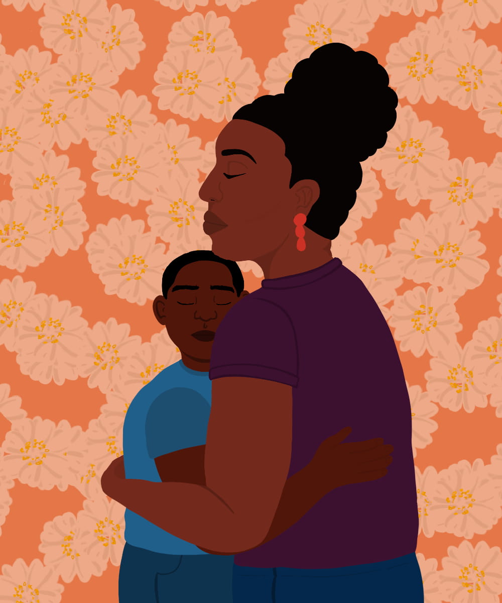 An illustration of a mother and son embracing in front of a background of flowers.